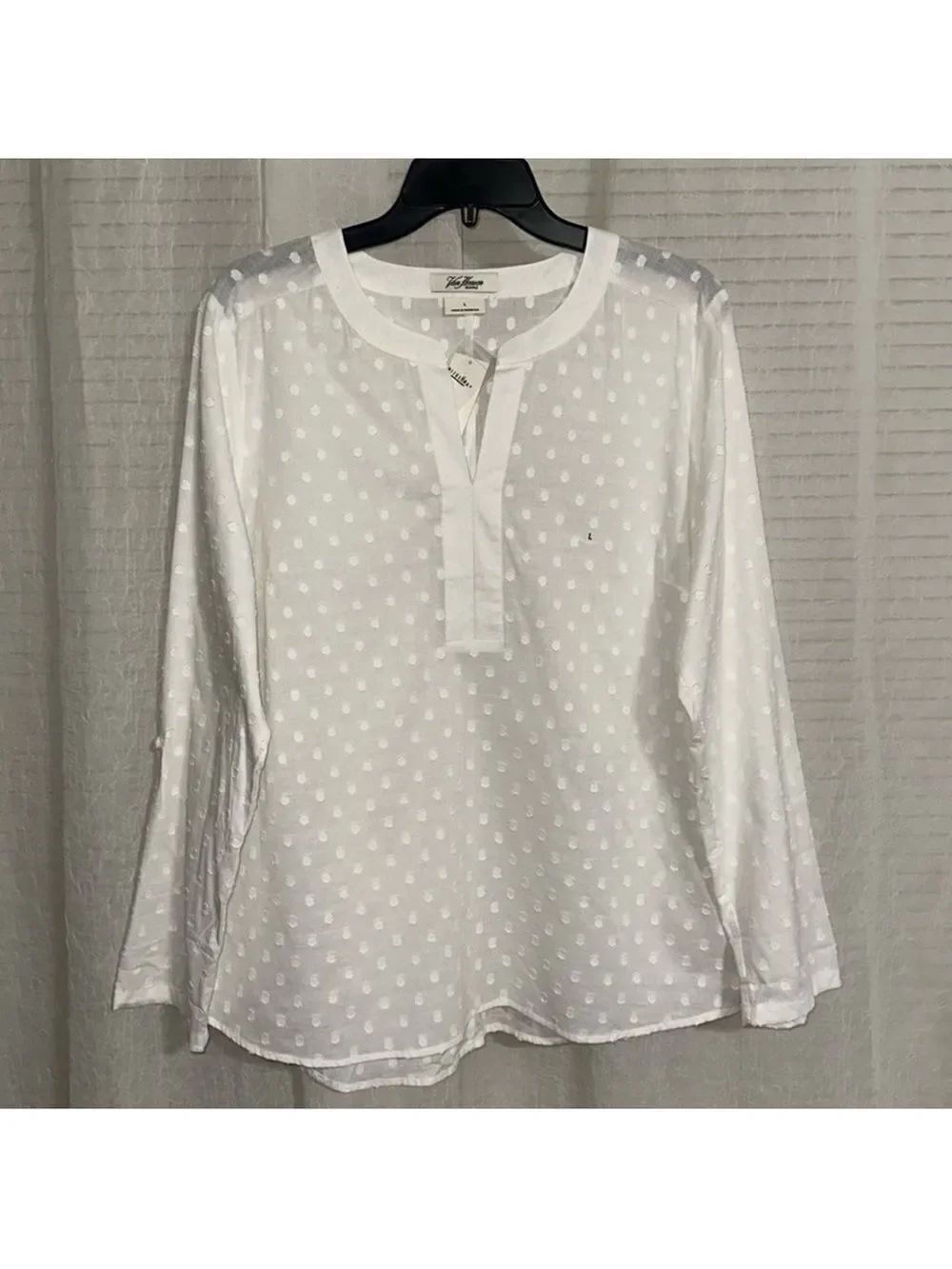 Van Heusen L White Cotton Swiss Dot Long Tab Roll up Sleeve V-Neck Top